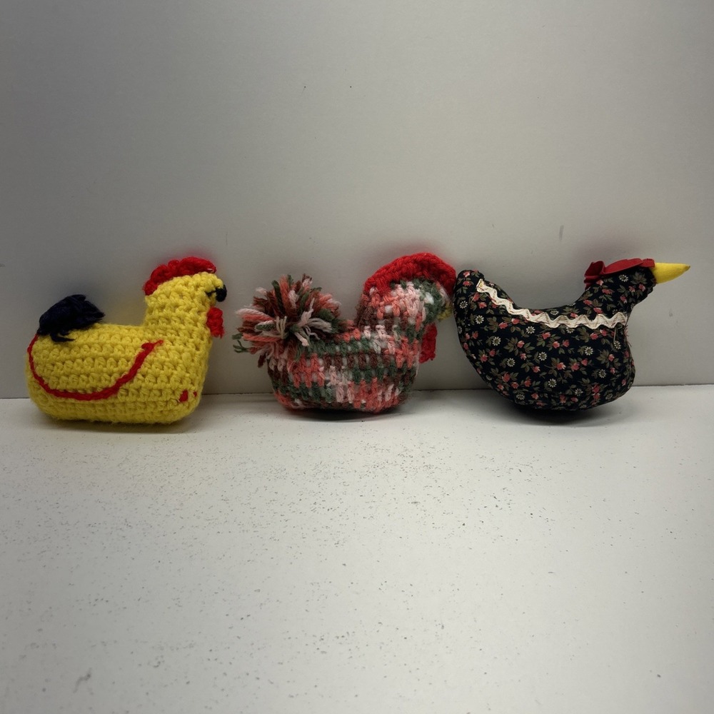 Vintage Handmade Chicken Hen Pincushion Lot of 3 Crochet Fabric Folk Art